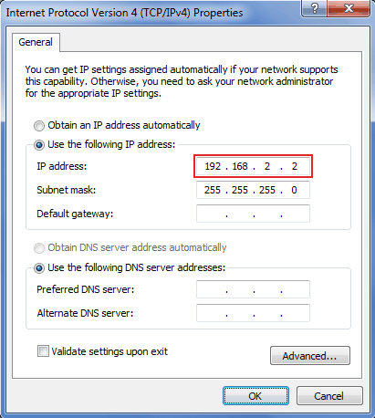 Select the Use the following IP address: option and configure the IP address to be in the same IP range as the LD8